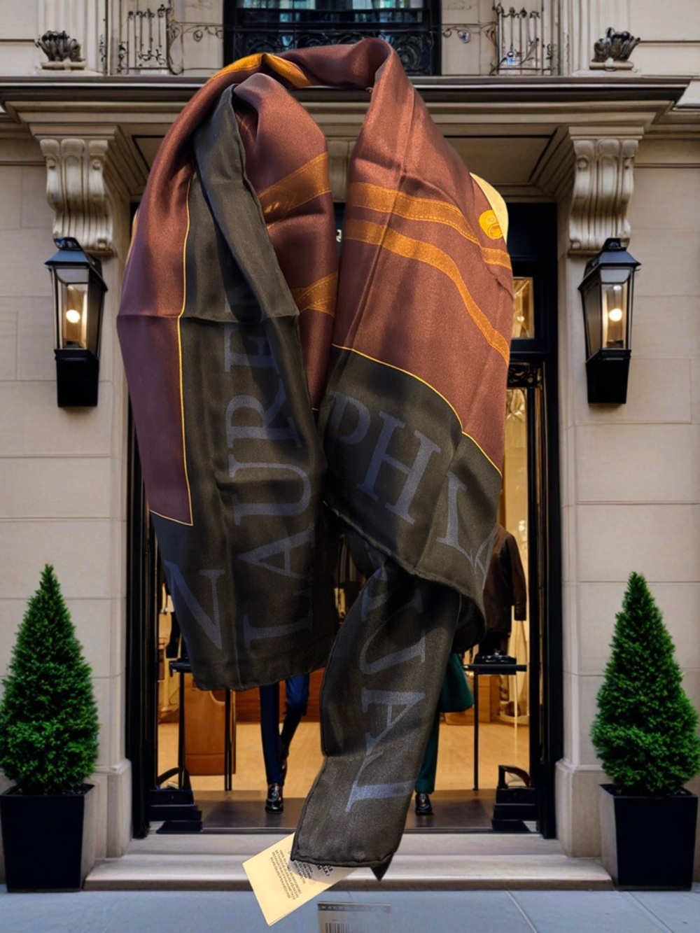 Lauren Ralph Lauren Brown, & Navy and Golf Equine Print Silk Scarf NWTS